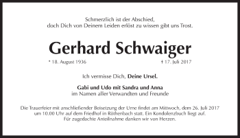 Traueranzeige von Gerhard Schwaiger von Pegnitz-Zeitung