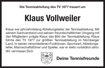 Traueranzeige von Klaus Vollweiler von Pegnitz-Zeitung