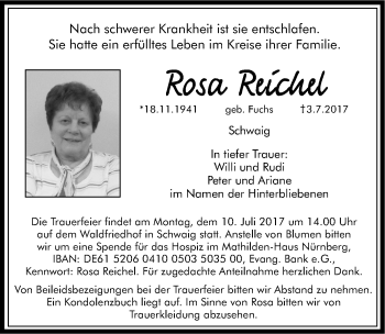 Traueranzeige von Rosa Reichel von Pegnitz-Zeitung