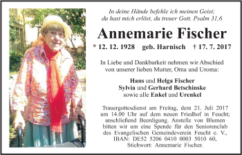 Traueranzeige von Annemarie Fischer von Der Bote