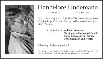 Traueranzeige von Hannelore Lindemann von Pegnitz-Zeitung