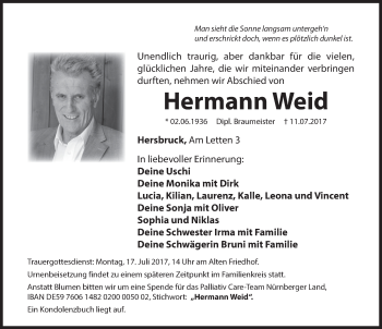 Traueranzeige von Hermann Weid von Hersbrucker Zeitung