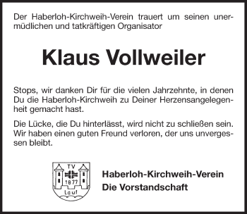 Traueranzeige von Klaus Vollweiler von Pegnitz-Zeitung
