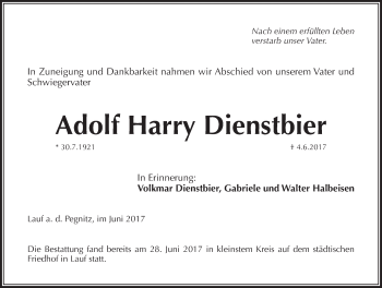 Traueranzeige von Adolf Harry Dienstbier von Pegnitz-Zeitung