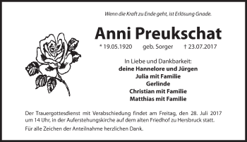 Traueranzeige von Anni Preukschat von Hersbrucker Zeitung