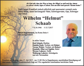 Traueranzeige von Wilhelm Schaab von Der Bote