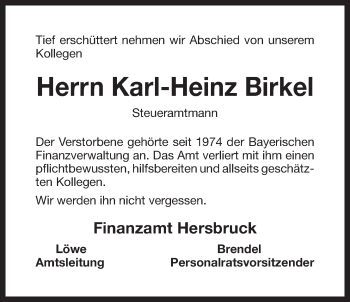 Traueranzeige von Karl-Heinz Birkel von Der Bote