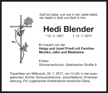 Traueranzeige von Hedi Blender von Der Bote