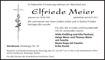 Traueranzeige von Elfriede Meier von Hersbrucker Zeitung