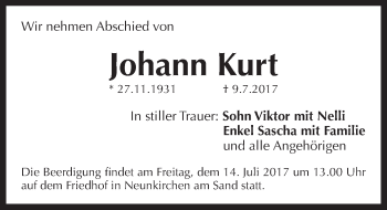 Traueranzeige von Johann Kurt von Pegnitz-Zeitung