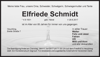 Traueranzeige von Elfriede Schmidt von Pegnitz-Zeitung