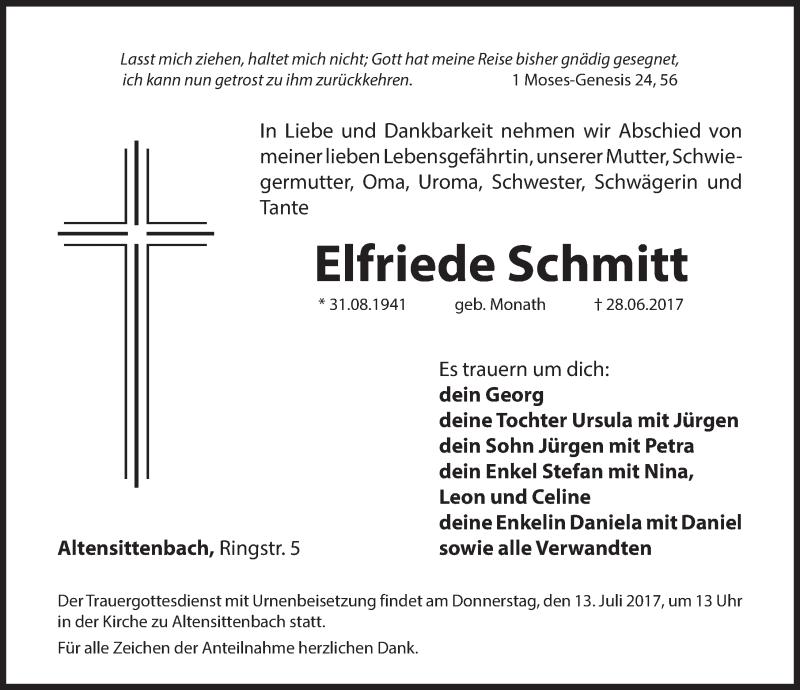  Traueranzeige für Elfriede Schmitt vom 11.07.2017 aus Hersbrucker Zeitung