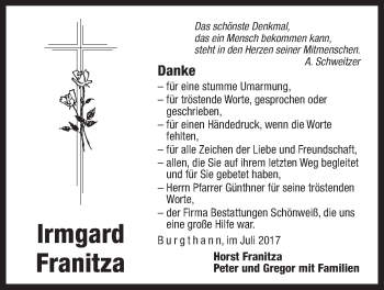 Traueranzeige von Irmgard Franitza von Der Bote