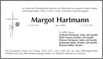Traueranzeige von Margot Hartmann von Pegnitz-Zeitung