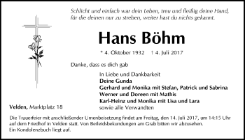 Traueranzeige von Hans Böhm von Hersbrucker Zeitung