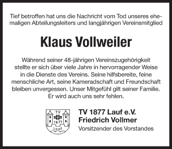 Traueranzeige von Klaus Vollweiler von Pegnitz-Zeitung