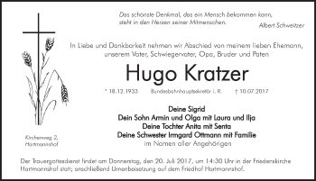 Traueranzeige von Hugo Kratzer von Hersbrucker Zeitung