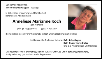 Traueranzeige von Anneliese Marianne Koch von Pegnitz-Zeitung