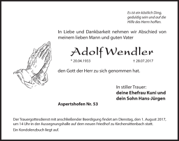 Traueranzeige von Adolf Wendler von Hersbrucker Zeitung