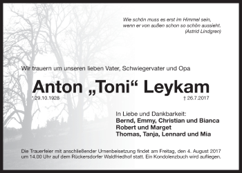Traueranzeige von Anton Toni Leykam von Pegnitz-Zeitung