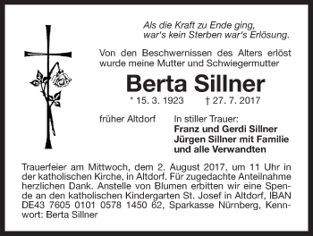Traueranzeige von Berta Sillner von Der Bote