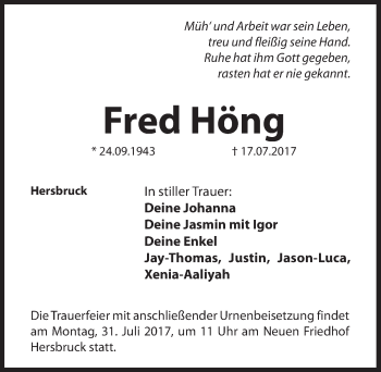 Traueranzeige von Fred Höng von Hersbrucker Zeitung