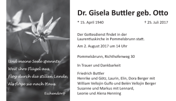 Traueranzeige von Gisela Buttler von Hersbrucker Zeitung