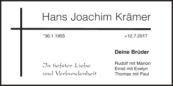 Traueranzeige von Hans Joachim Krämer von Der Bote