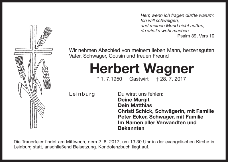  Traueranzeige für Herbert Wagner vom 31.07.2017 aus Der Bote