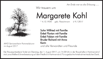 Traueranzeige von Margarete Kohl von Hersbrucker Zeitung