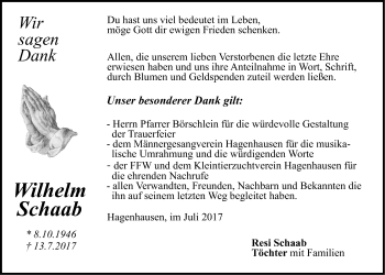 Traueranzeige von Wilhelm Schaab von Der Bote