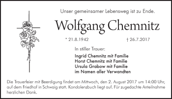 Traueranzeige von Wolfgang Chemnitz von Pegnitz-Zeitung