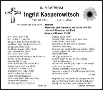 Traueranzeige von Ingrid Kasperowitsch von Der Bote