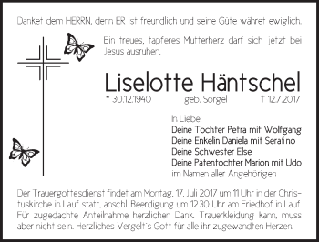 Traueranzeige von Liselotte Häntschel von Pegnitz-Zeitung