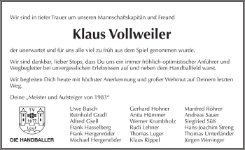 Traueranzeige von Klaus Vollweiler von Pegnitz-Zeitung