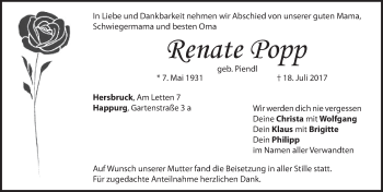 Traueranzeige von Renate Popp von Hersbrucker Zeitung