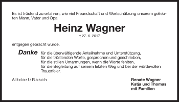 Traueranzeige von Heinz Wagner von Der Bote