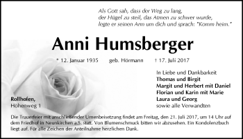 Traueranzeige von Anni Humsberger von Pegnitz-Zeitung