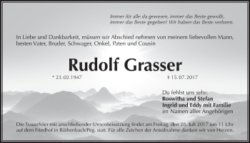 Traueranzeige von Rudolf Grasser von Pegnitz-Zeitung