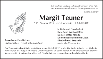 Traueranzeige von Margit Teuner von Pegnitz-Zeitung