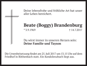 Traueranzeige von Beate Boggy Brandenburg von Pegnitz-Zeitung