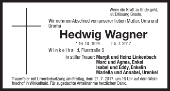 Traueranzeige von Hedwig Wagner von Der Bote