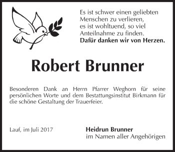 Traueranzeige von Robert Brunner von Pegnitz-Zeitung