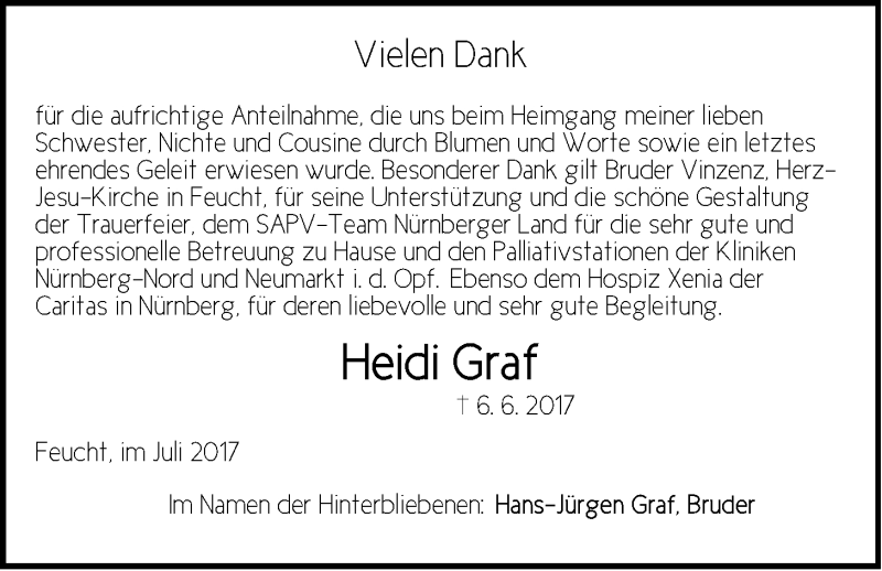  Traueranzeige für Heidi Graf vom 15.07.2017 aus Der Bote