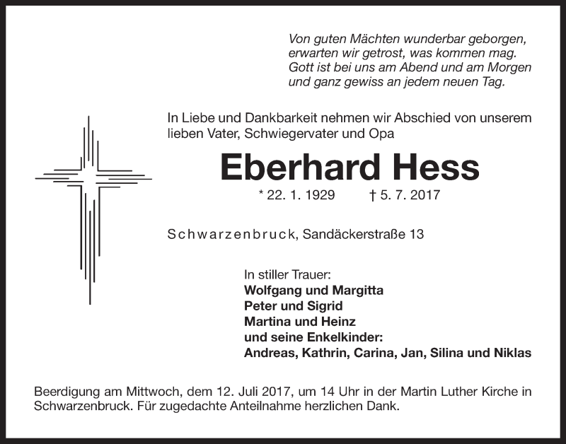  Traueranzeige für Eberhard Hess vom 08.07.2017 aus Der Bote
