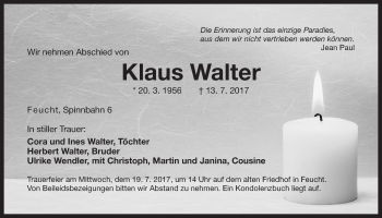 Traueranzeige von Klaus Walter von Der Bote