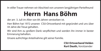 Traueranzeige von Hans Böhm von Hersbrucker Zeitung