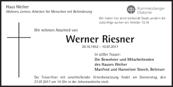 Traueranzeige von Werner Riesner von Hersbrucker Zeitung