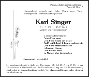 Traueranzeige von Karl Singer von Hersbrucker Zeitung