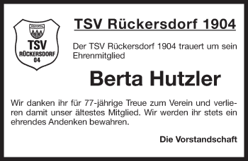 Traueranzeige von Berta Hutzler von Pegnitz-Zeitung